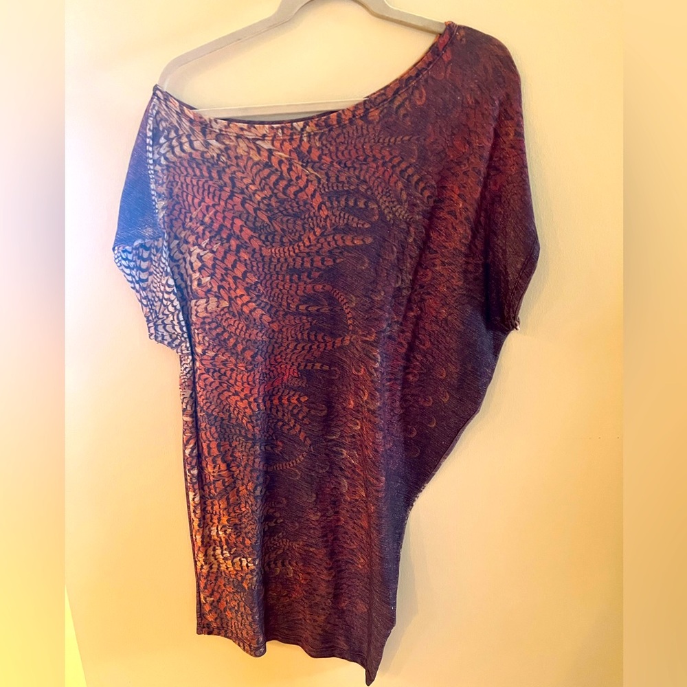 Bodycon One Shoulder Stretchy Asymmetrical Dress. Pattern. Brown/ Orange.